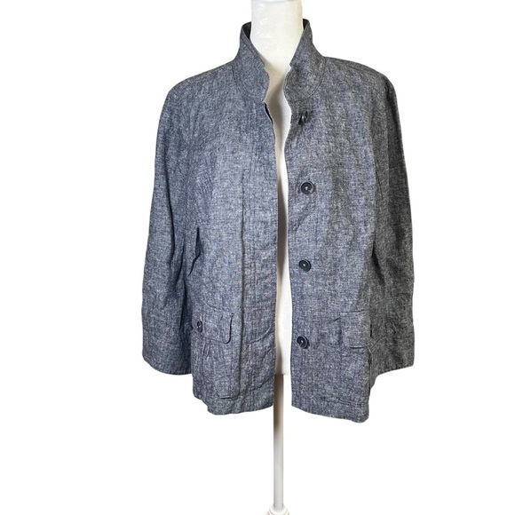 Women’s Linen Blend Blue Chambray Topper Shirt Jacket Shacket Sz L Boxy Classic - Picture 1 of 11